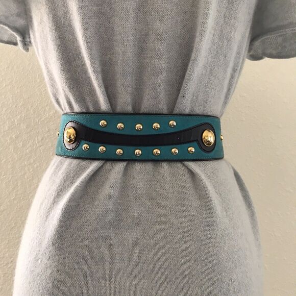 ESCADA Accessories - Vintage 1990s Escada Blue Gold Studded Suede Genuine Leather Belt  Sz 40 M
